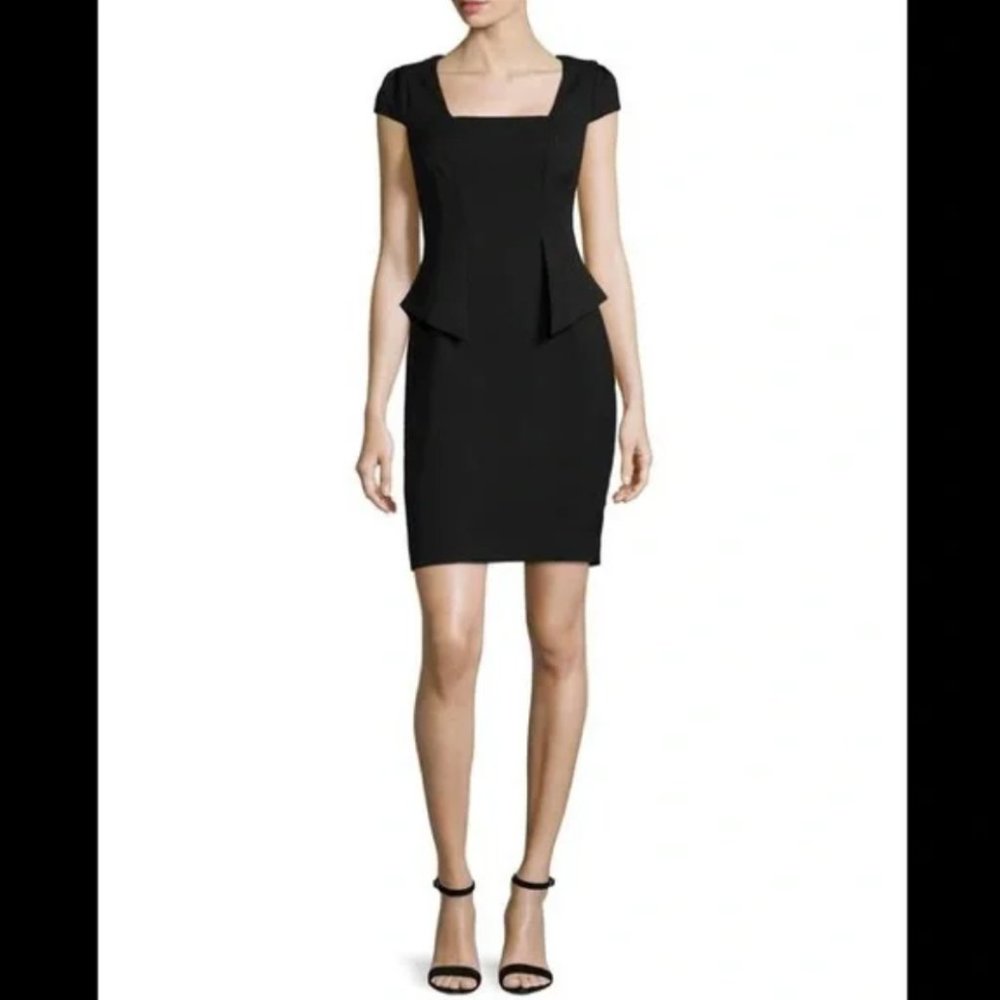 29.) NWT Carmen Marc Valvo Black Peplum Cap Sleeve Dress- Size 6- MSRP $98